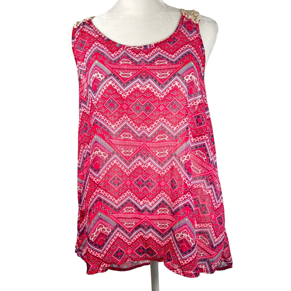 No Boundaries Pink‎ Geometric Sheer Lace Racerback Tank Top XL Raspberry Y2K